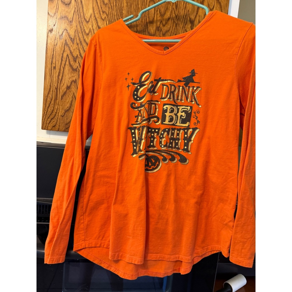 Halloween Orange Long Sleeve Graphic Tee Eat Drink and Be Witchy Size L 12-14